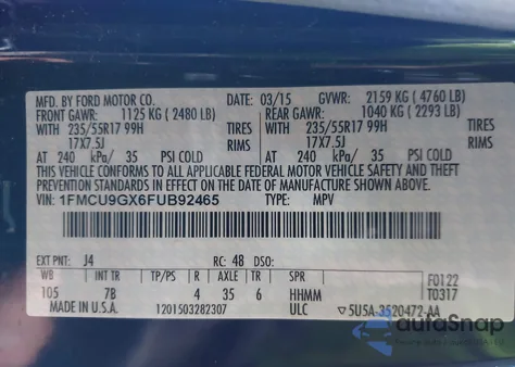 2015 Ford Escape Se from USA, damaged, VIN 1FMCU9GX6FUB92465